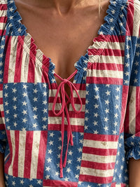 Women's Retro Flag Plaid Art Print Casual Long-sleeve V-neck Ruffled Cotton Shirt
