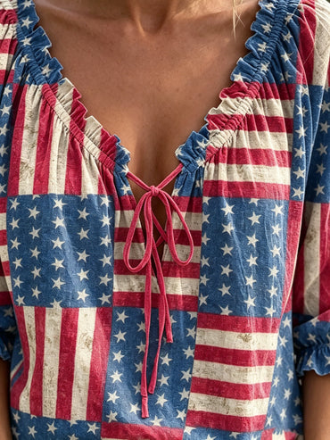 Women's Retro Flag Plaid Art Print Casual Long-sleeve V-neck Ruffled Cotton Shirt