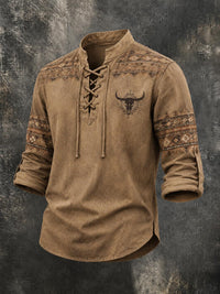Men's Longhorn Skull Navajo Ethnic Print Washed Lace Up Shirt
