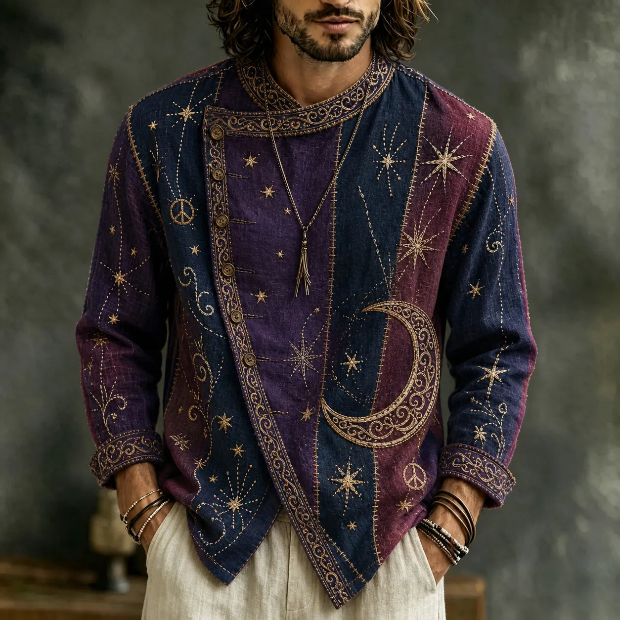 Men's Vintage Hippie Sun And Moon Art Print Flowy Linen Blend Casual Buttons Shirts