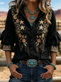 Women's Western Star Floral Embroidered Ruffle Sleeve Shirt