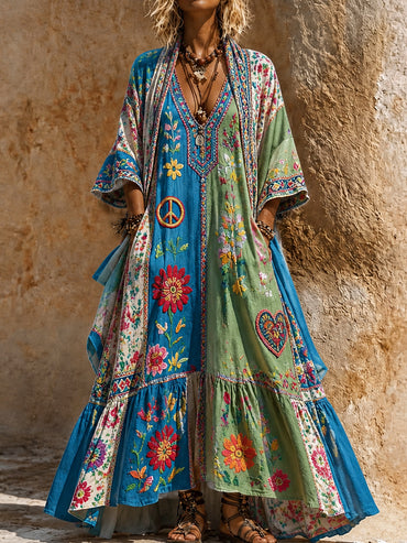 Retro Style Art Printed Vintage Camisole Dress Long Sleeve Two-Piece Maxi Dress