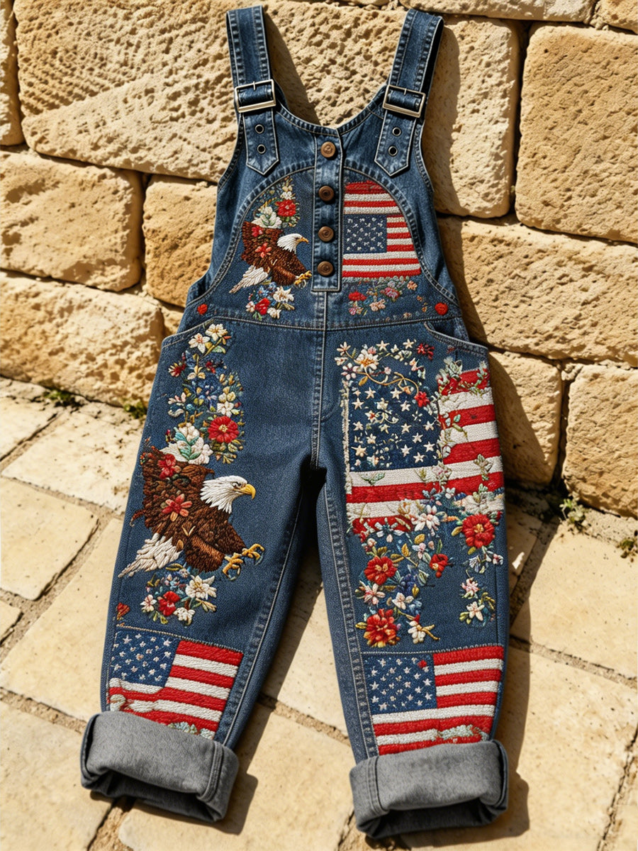 Women's Retro Style Art Print Washed Cotton Denim Patchwork Jumpsuit