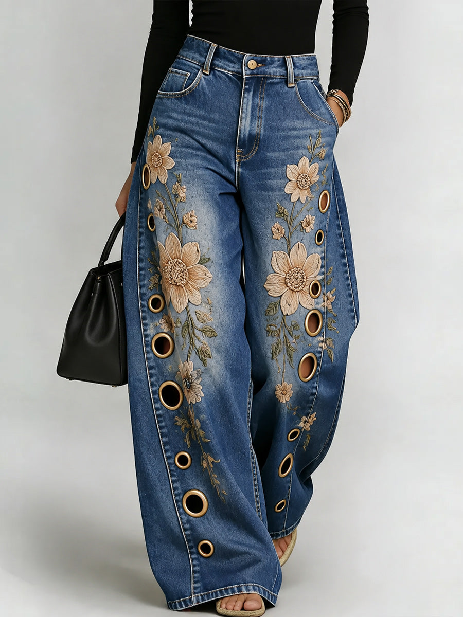 Women's Retro Style Art Print Casual  Hollow Wide Leg Pants