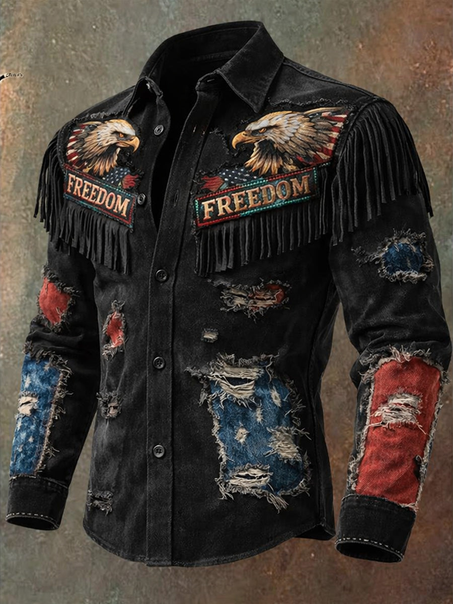 Men's Retro 250th Anniversary National Flag Print Vintage Tassel Casual Long Sleeve Shirt