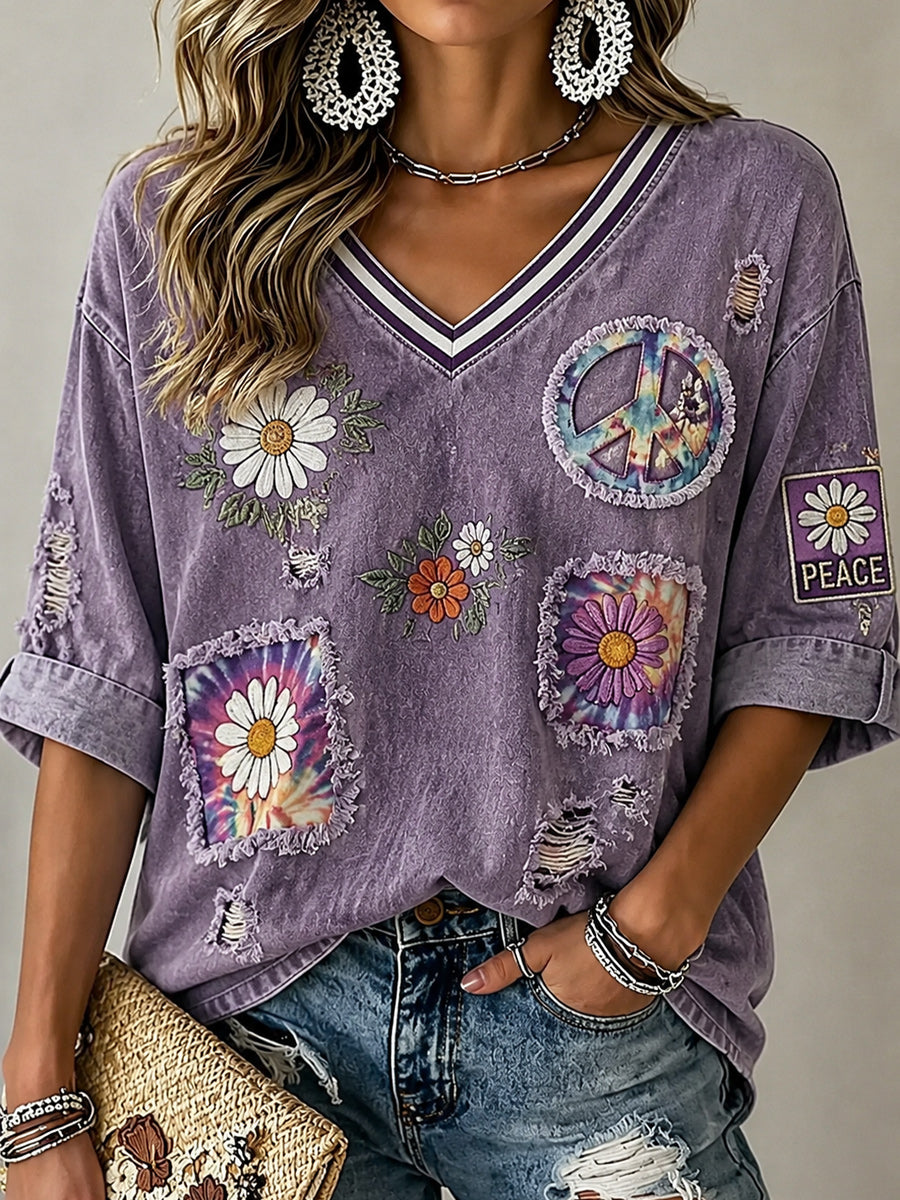 Retro Style Floral Art Printed Vintage V-Neck Casual Elbow Sleeve Top