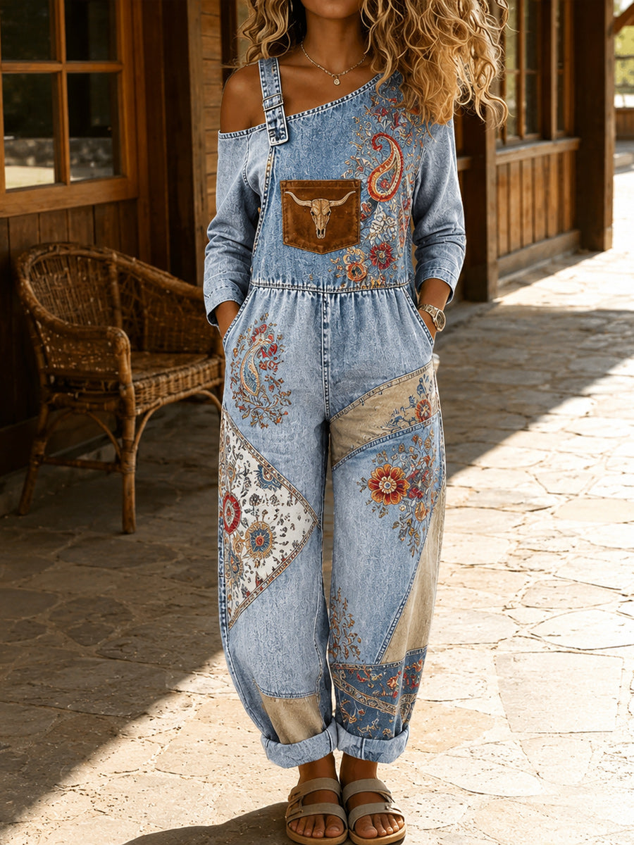 Women's Retro Style Art Print Washed Cotton Denim Patchwork Jumpsuit