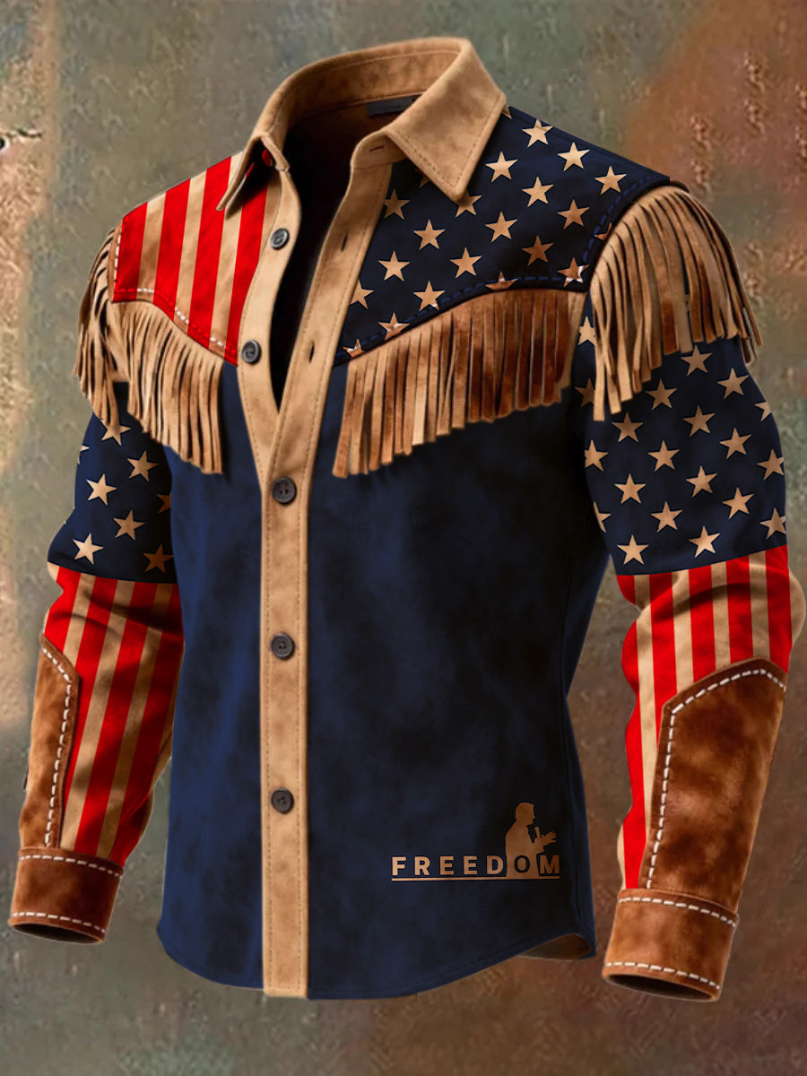 Men's Retro Freedom Western Style Art Print Vintage Tassel Casual Long Sleeve Shirt