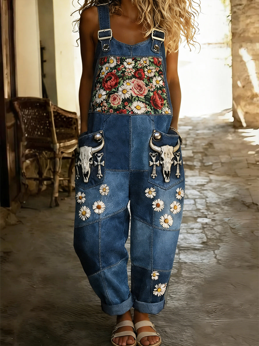 Women's Boho Color Art Print Washed Cotton Denim Patchwork Jumpsuit