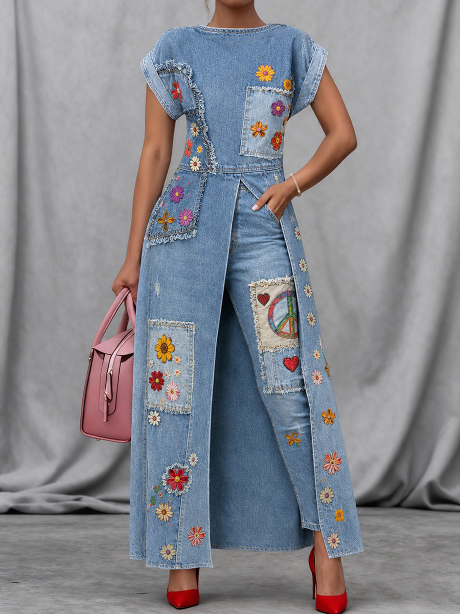 Retro Style Art Print Vintage Long Split Shirts Dress Skinny Pants Two-Piece Set