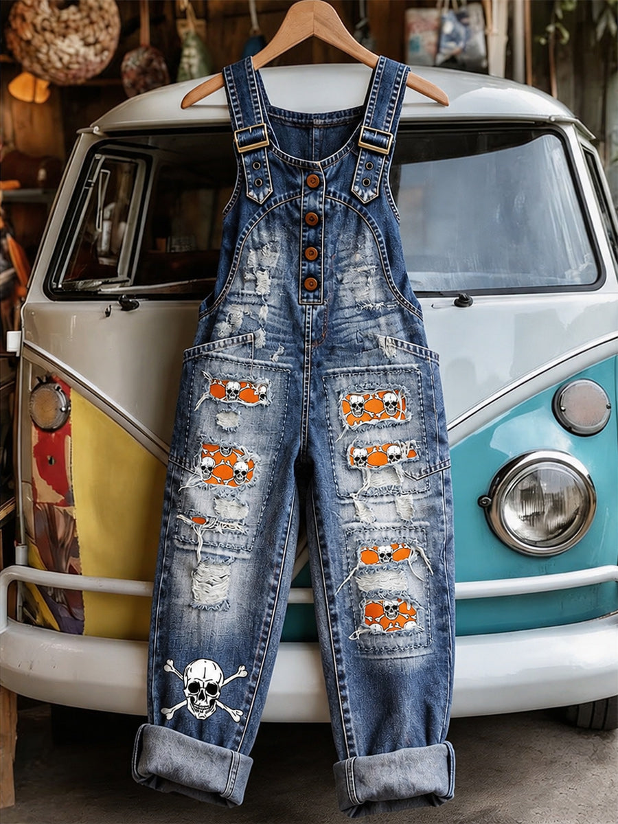 Women's Retro Style Art Print Washed Cotton Denim Patchwork Jumpsuit