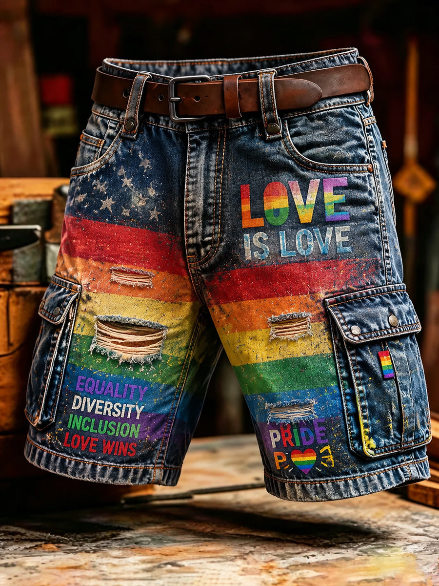 Men's Retro Pride Month Rainbow Art Print Casual Loose Pocket Work Shorts