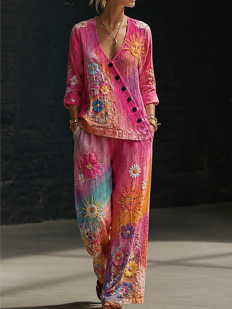 Retro Style Design Art Printed V-Neck Long-Sleeved Top And Pants Set