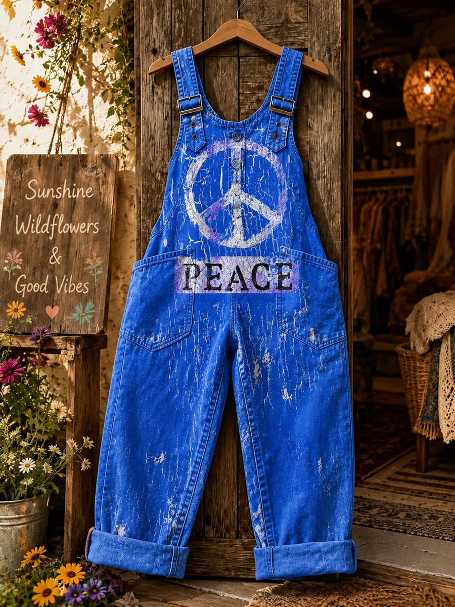 Women's Retro Style Art Print Washed Cotton Denim Patchwork Jumpsuit