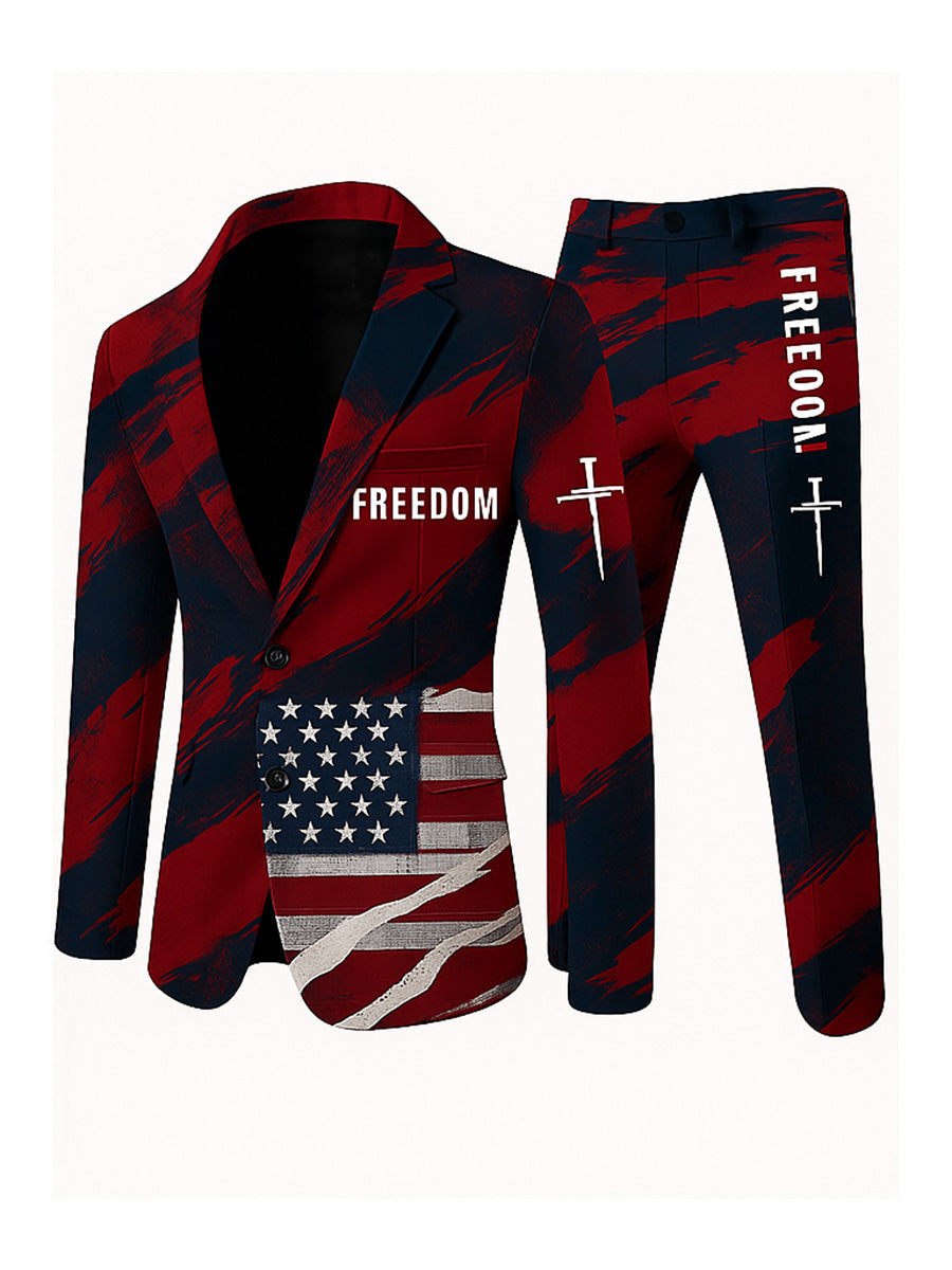 Men's Freedom American Flag Print Casual Jacket Trousers Two-Piece Suits