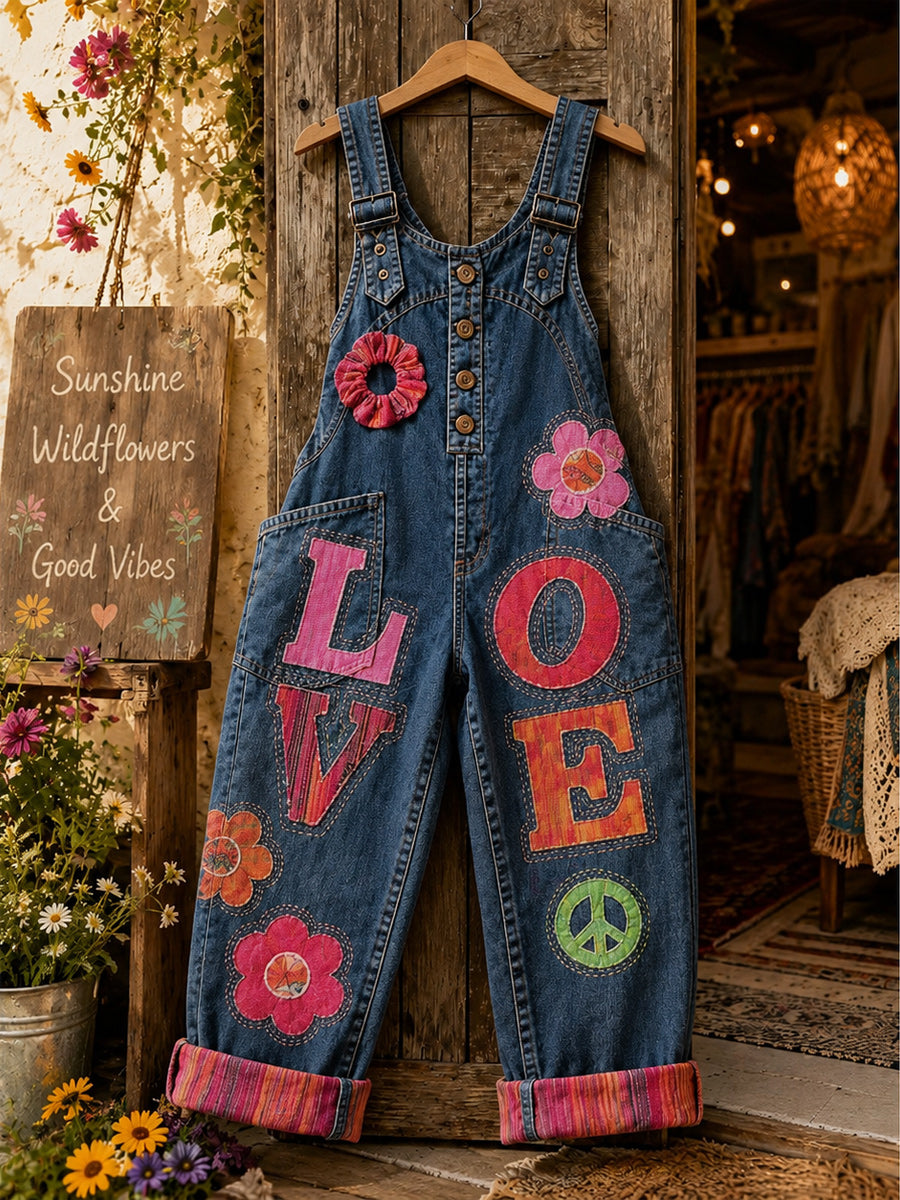 Women's Retro Style Art Print Washed Cotton Denim Patchwork Jumpsuit
