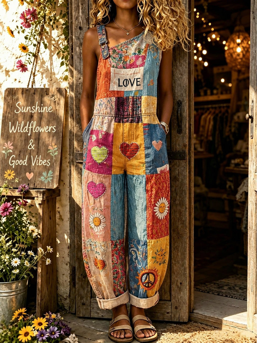 Women's Retro Style Art Print Washed Cotton Denim Patchwork Sleeveless Jumpsuit