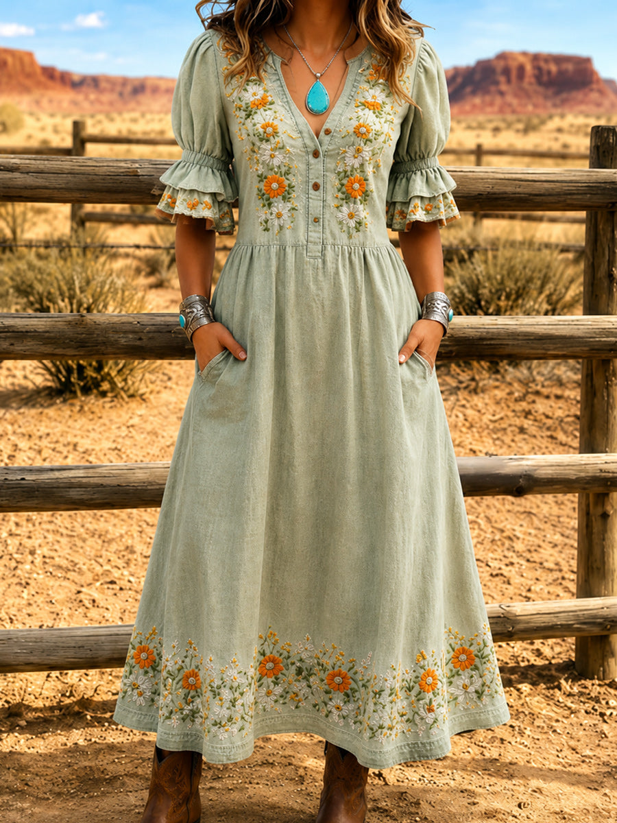 Women's Retro Art Print Washed Cotton Lace Patchwork Midi Dress