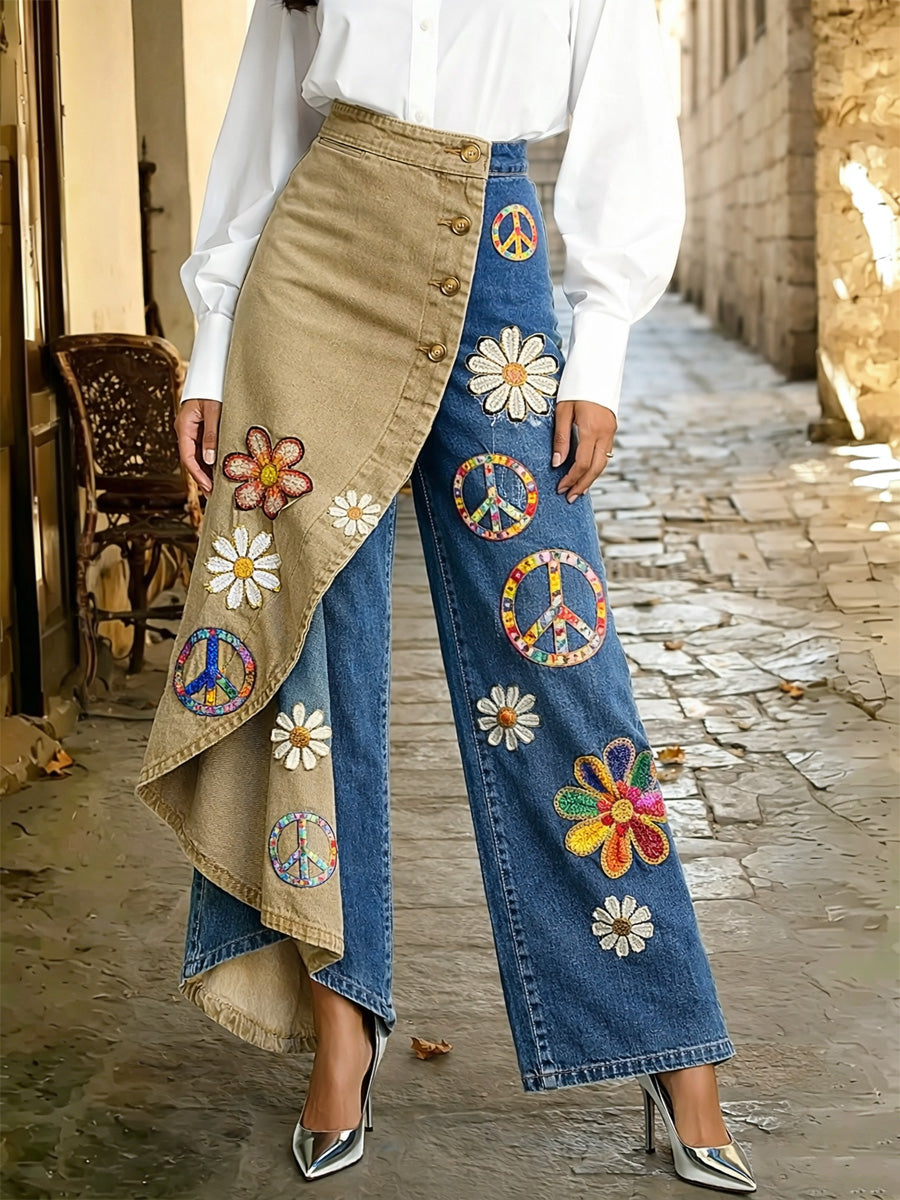 Women's Retro Hippie Art Print Casual Style Irregular Wide Leg Pants