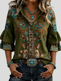 Women's Western Floral Embroidered Denim Bell Sleeve Shirt