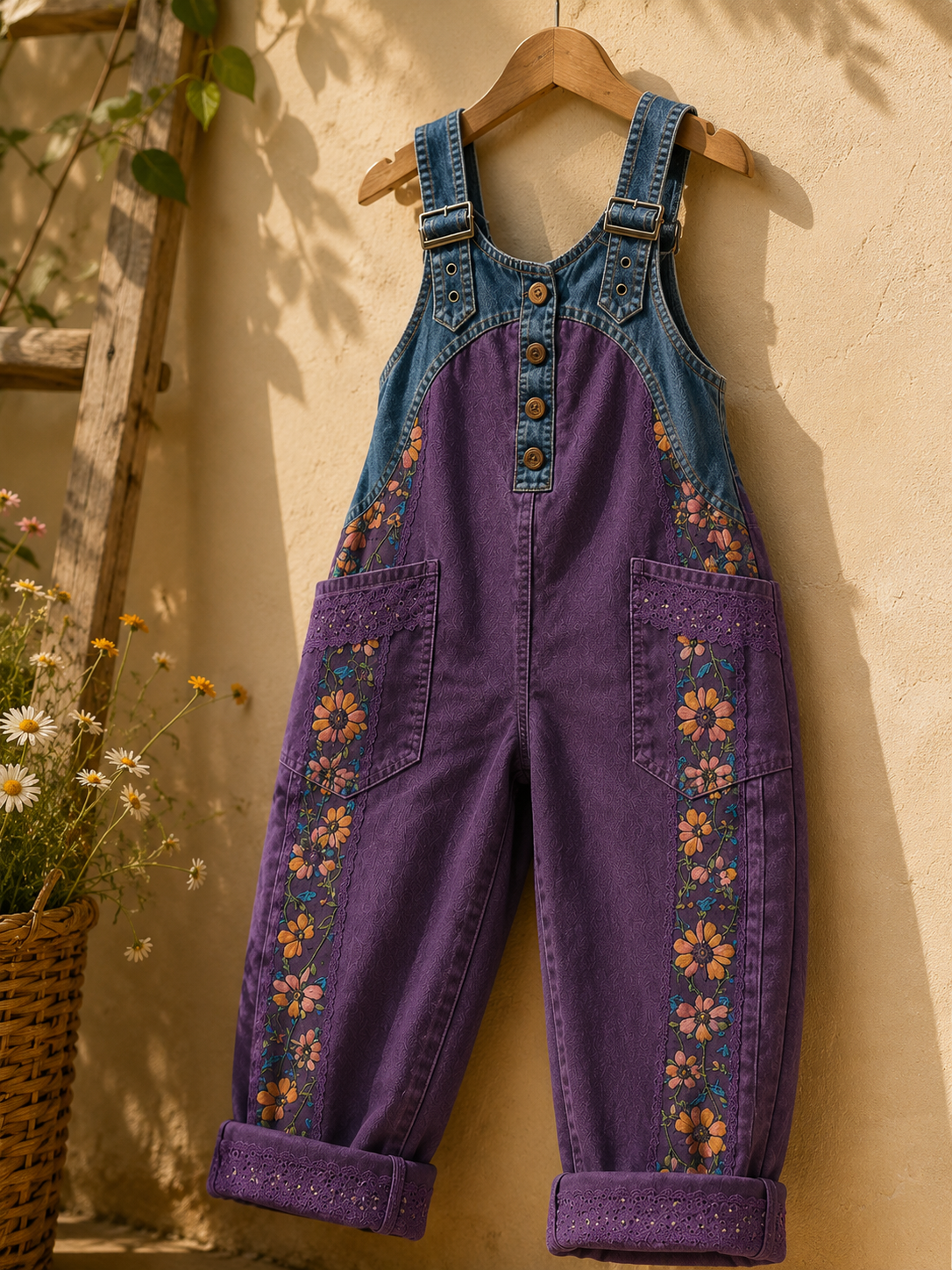 Women's Retro Style Art Print Washed Cotton Denim Patchwork Jumpsuit