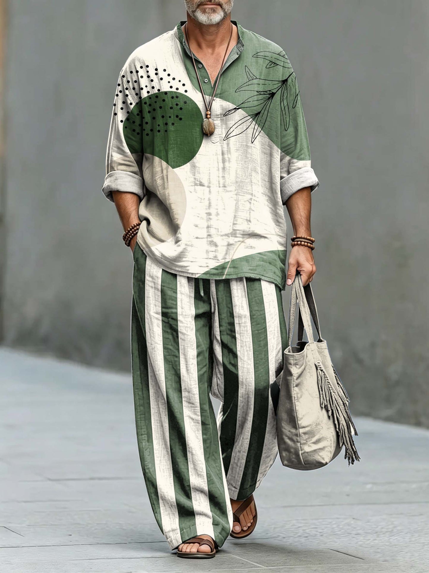 Men's Green Geometric Leaves Art Print Cotton Shirt Set