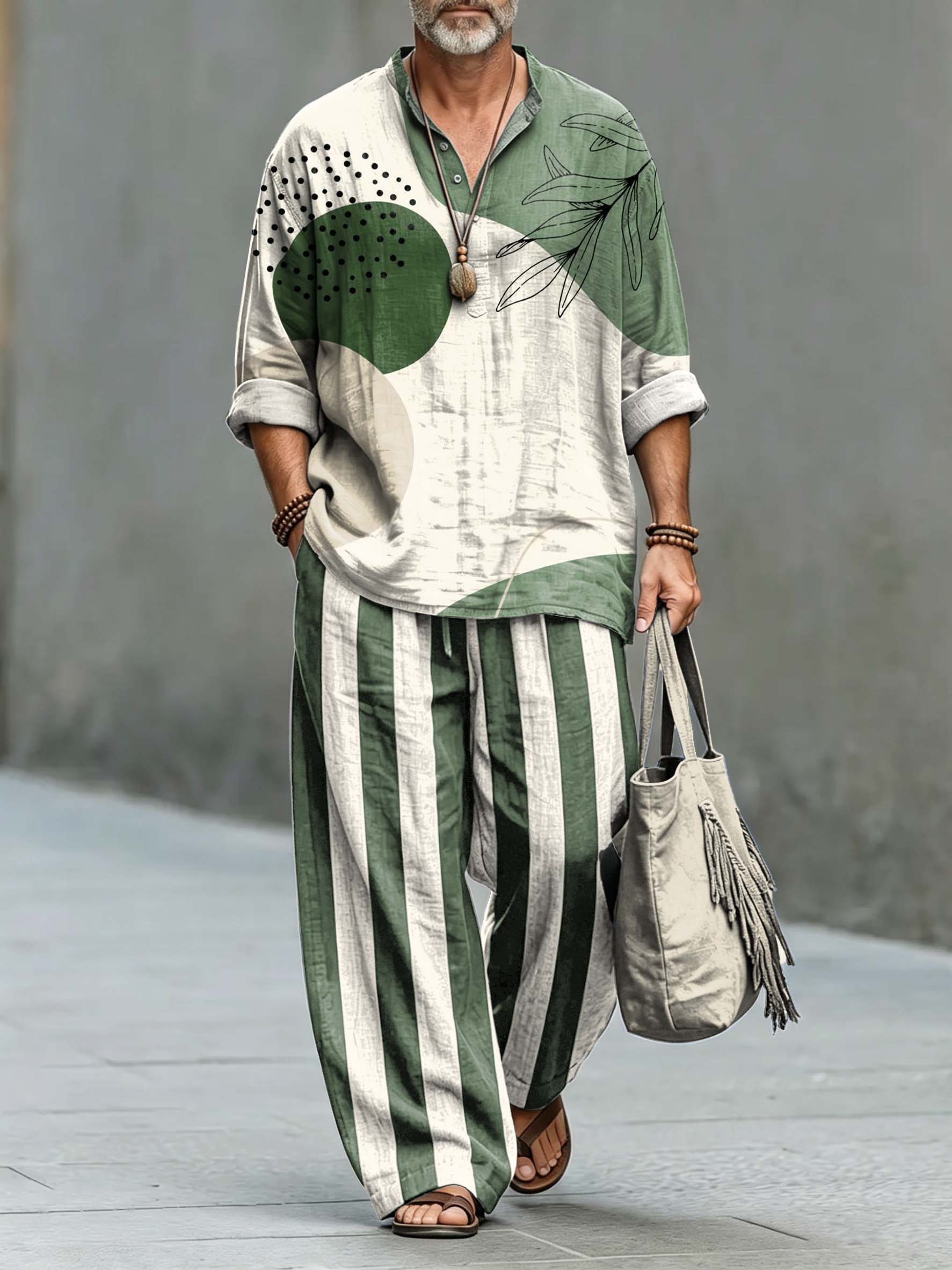 Men's Green Geometric Leaves Art Print Cotton Shirt Set