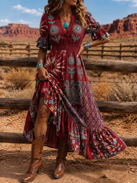 Women's Western Boho Floral Paisley Printed Maxi Dress