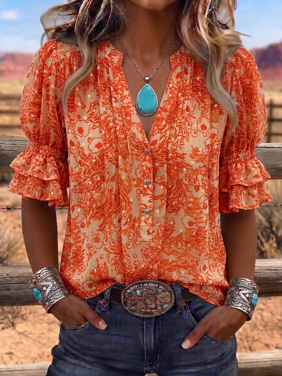 Vintage Art Print Comfortable Summer Fabrics Puff Sleeve Casual Shirt