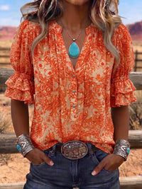 Vintage Art Print Comfortable Summer Fabrics Puff Sleeve Casual Shirt