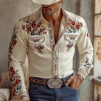 Men's Western Colorful Floral Embroidered Long Sleeve Shirt