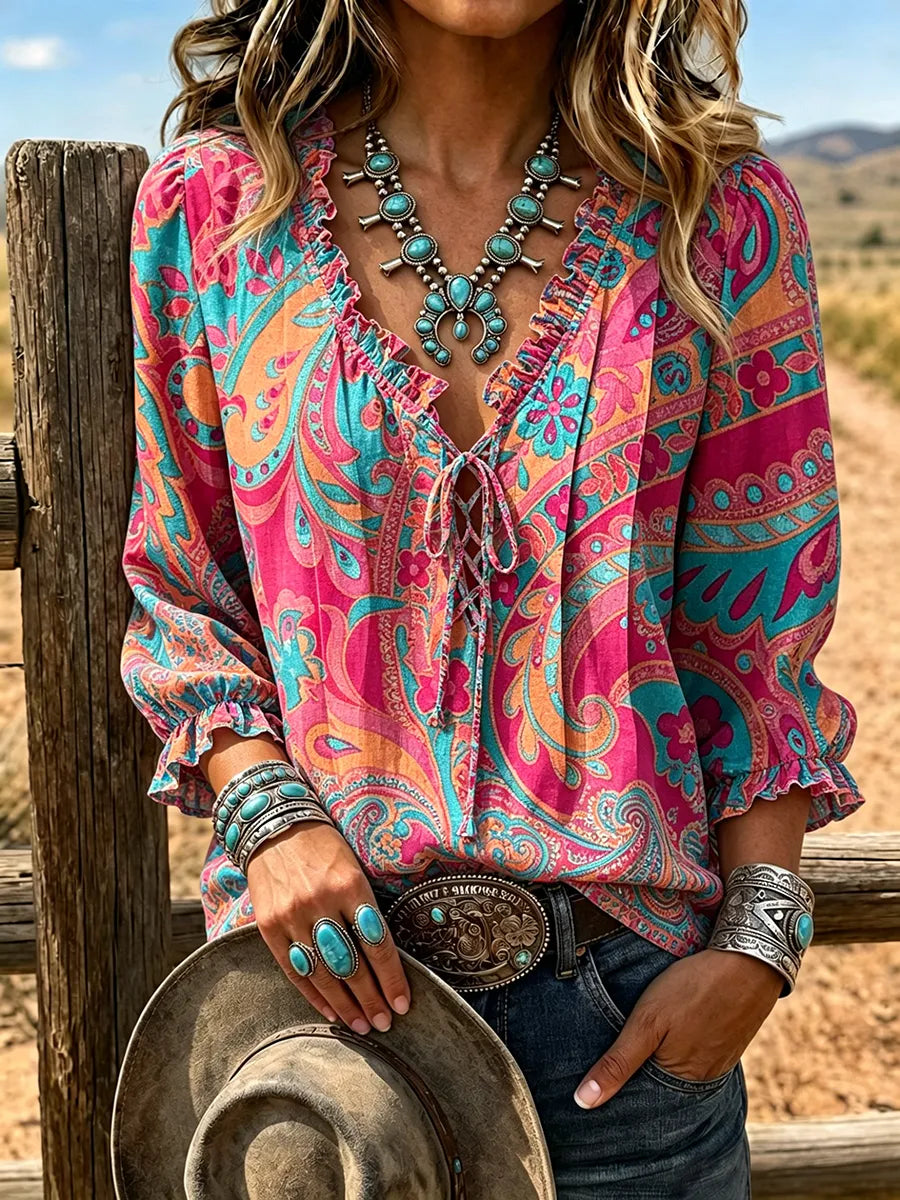 Women's Boho Paisley Ombre Lace Up 3/4 Puff Sleeve Western Blouse