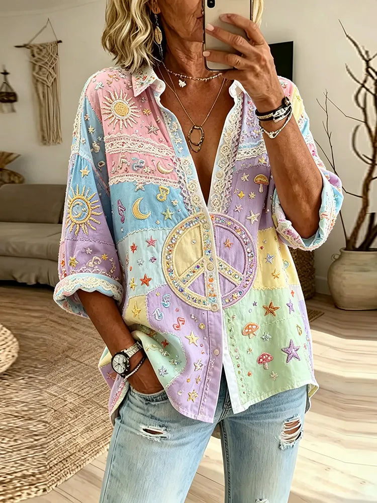 Women's Hippie Sun Moon Stars And Peace Symbol Art Patchwork Candy Color Cotton Linen Casual Long-sleeve Shirt
