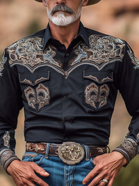 Men's Western Paisley Embroidered Red Long Sleeve Shirt