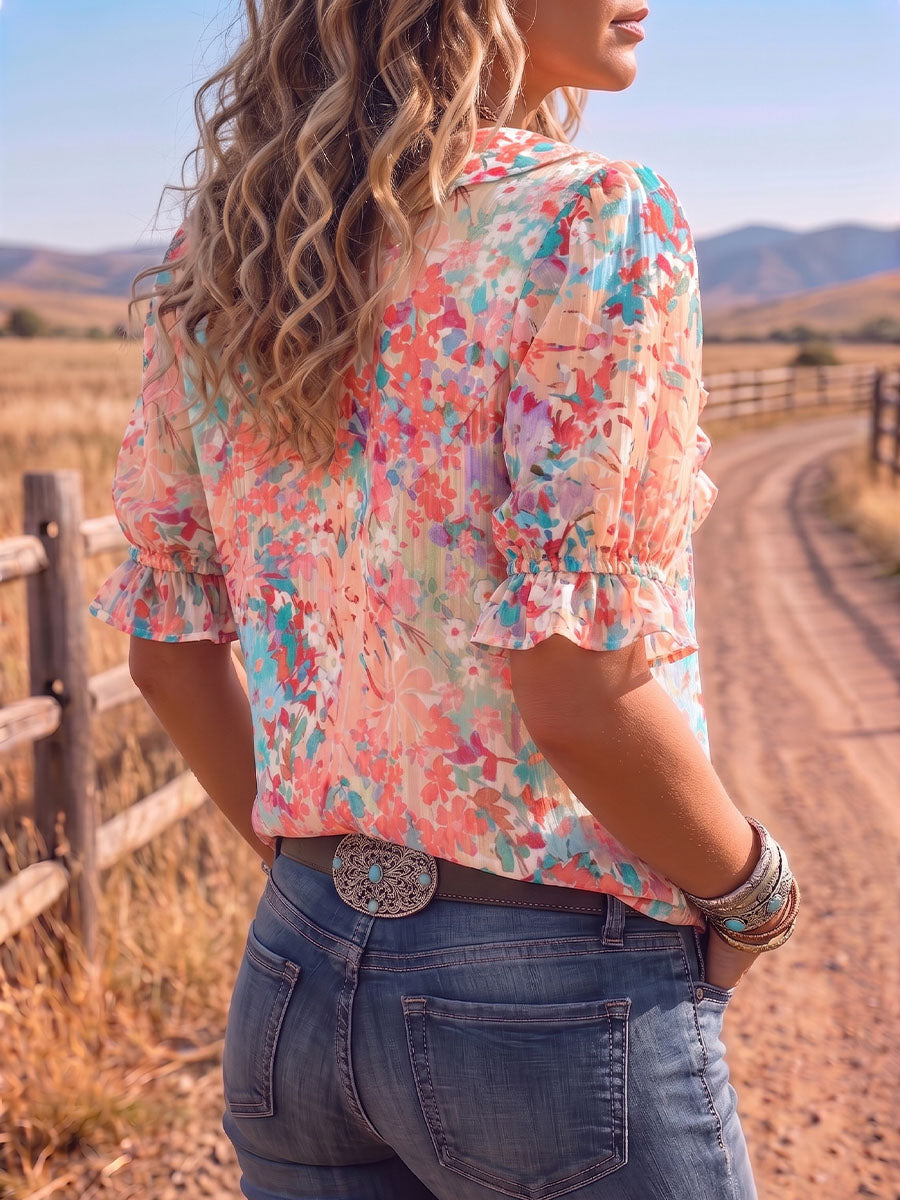 Vintage Art Print Comfortable Summer Fabrics Puff Sleeve Casual Shirt