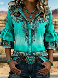 Women's Western Aztec  Embroidered Ombre Bell Sleeve Blouse