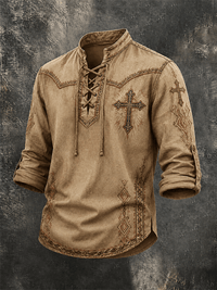 Men's Western Cross Ethnic Pattern Lace Up Vintage Long Sleeve Shirt