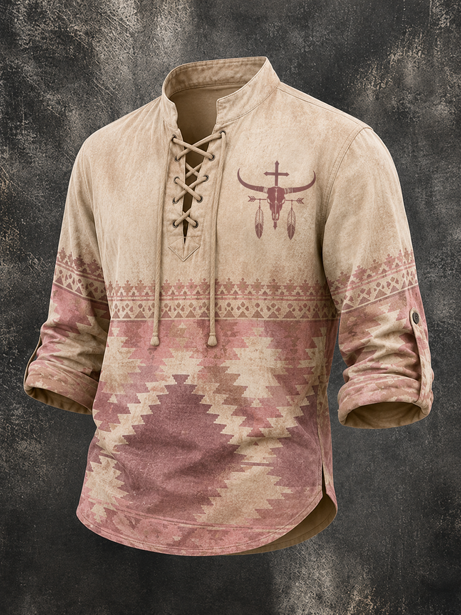 Men's Bull Skull Cross Feather Aztec Gradient Western Long Sleeve Top