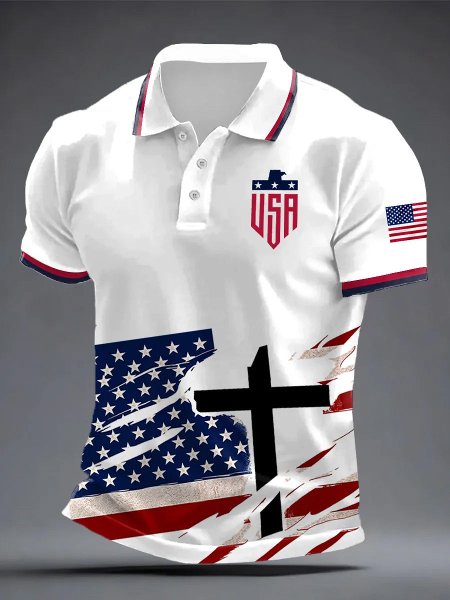 Men's USA Soccer Supporter Printed Retro Round Neck Short Sleeves Polo-Shirt