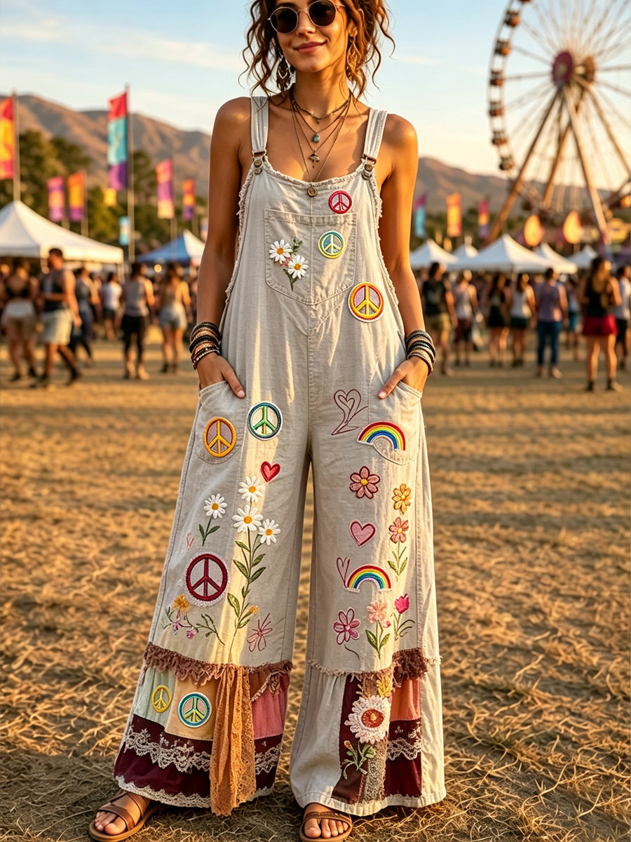 Women's Retro Style Art Print Washed Cotton Denim Patchwork Jumpsuit