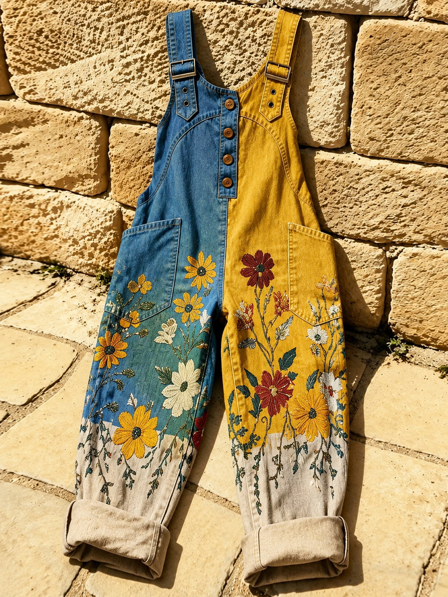 Women's Retro Style Art Print Washed Cotton Denim Patchwork Jumpsuit