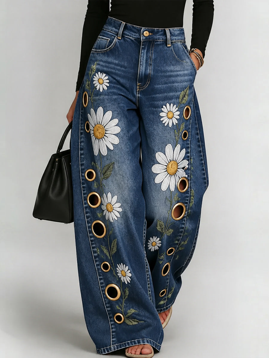 Women's Retro Style Art Print Casual  Hollow Wide Leg Pants