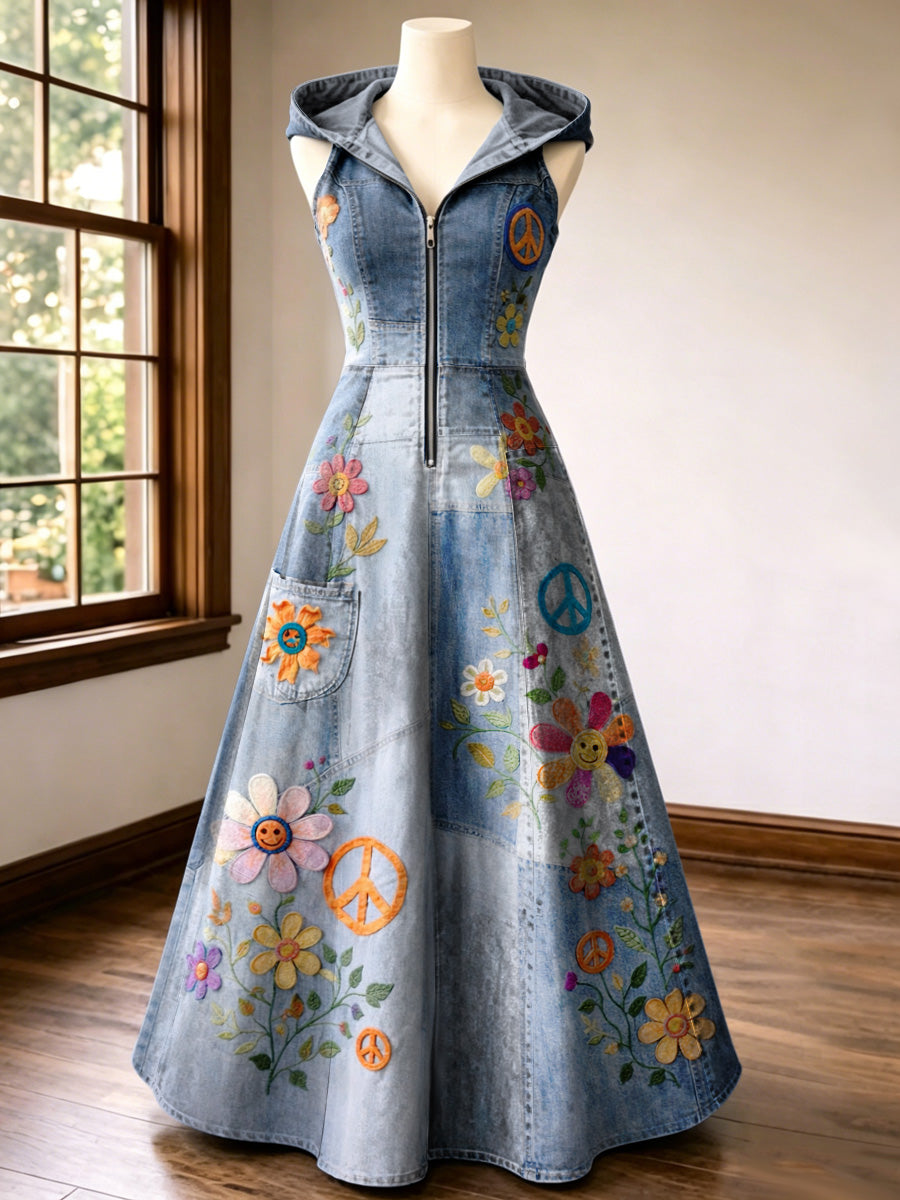 Retro Style Art Print Vintage V-Neck Hooded Zipper Maxi Dress