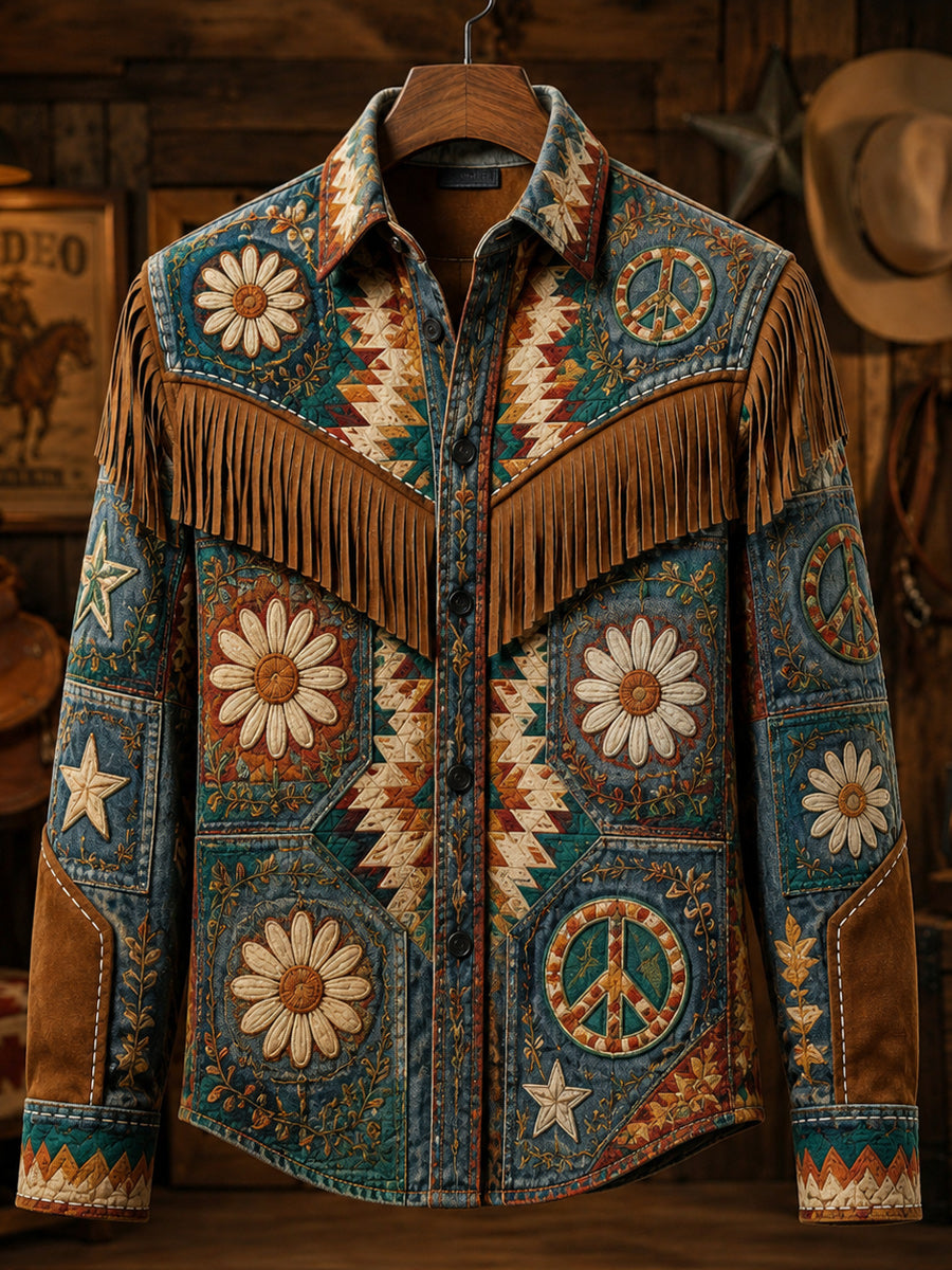 Men's Retro Style Art Print Western Vintage Tassel Casual Long Sleeve Shirt