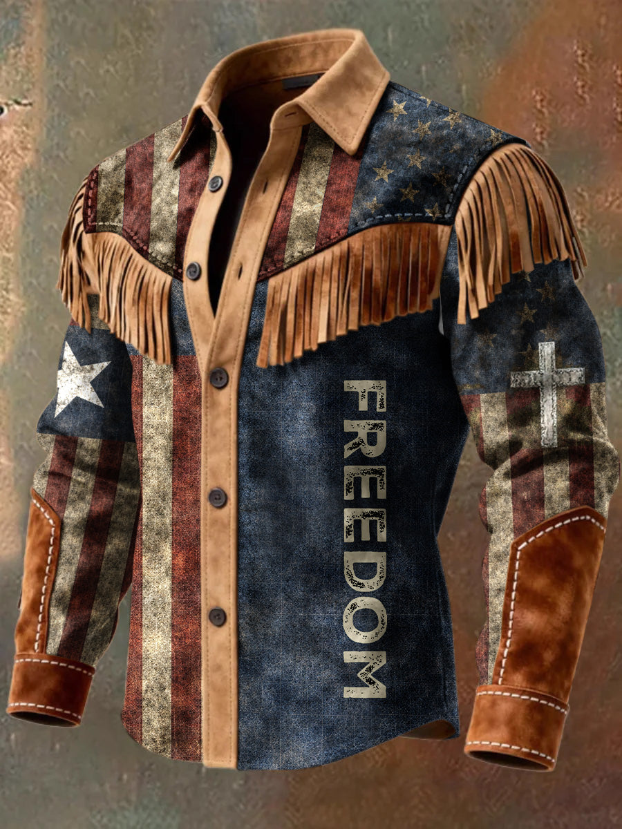 Men's Retro Freedom Western Style Art Print Vintage Tassel Casual Long Sleeve Shirt