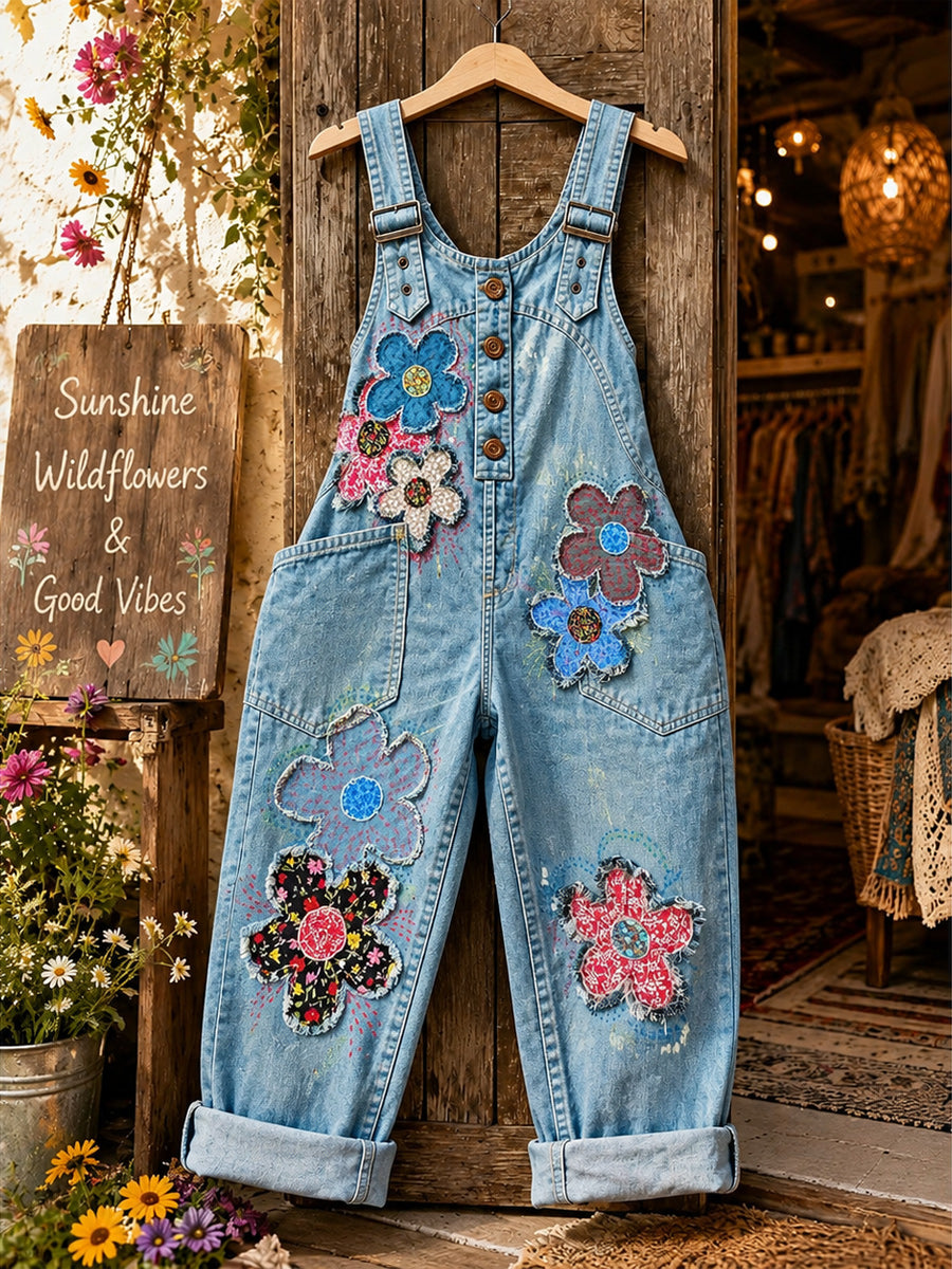 Women's Retro Style Art Print Washed Cotton Denim Patchwork Jumpsuit