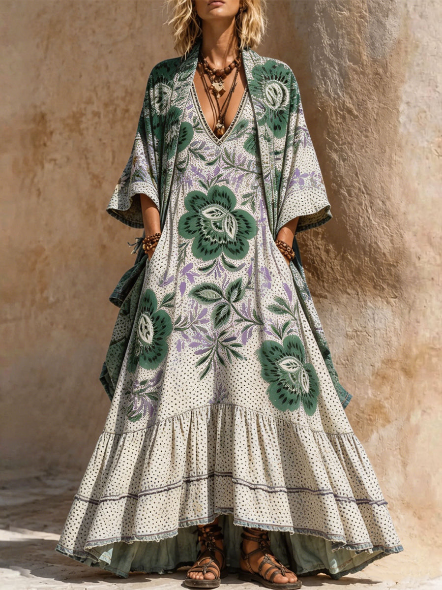 Retro Style Art Printed Vintage Camisole Dress Long Sleeve Two-Piece Maxi Dress