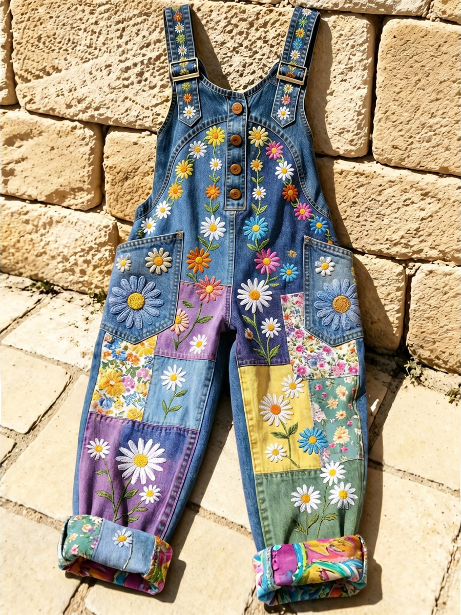 Women's Retro Style Print Washed Cotton Denim Patchwork Jumpsuit