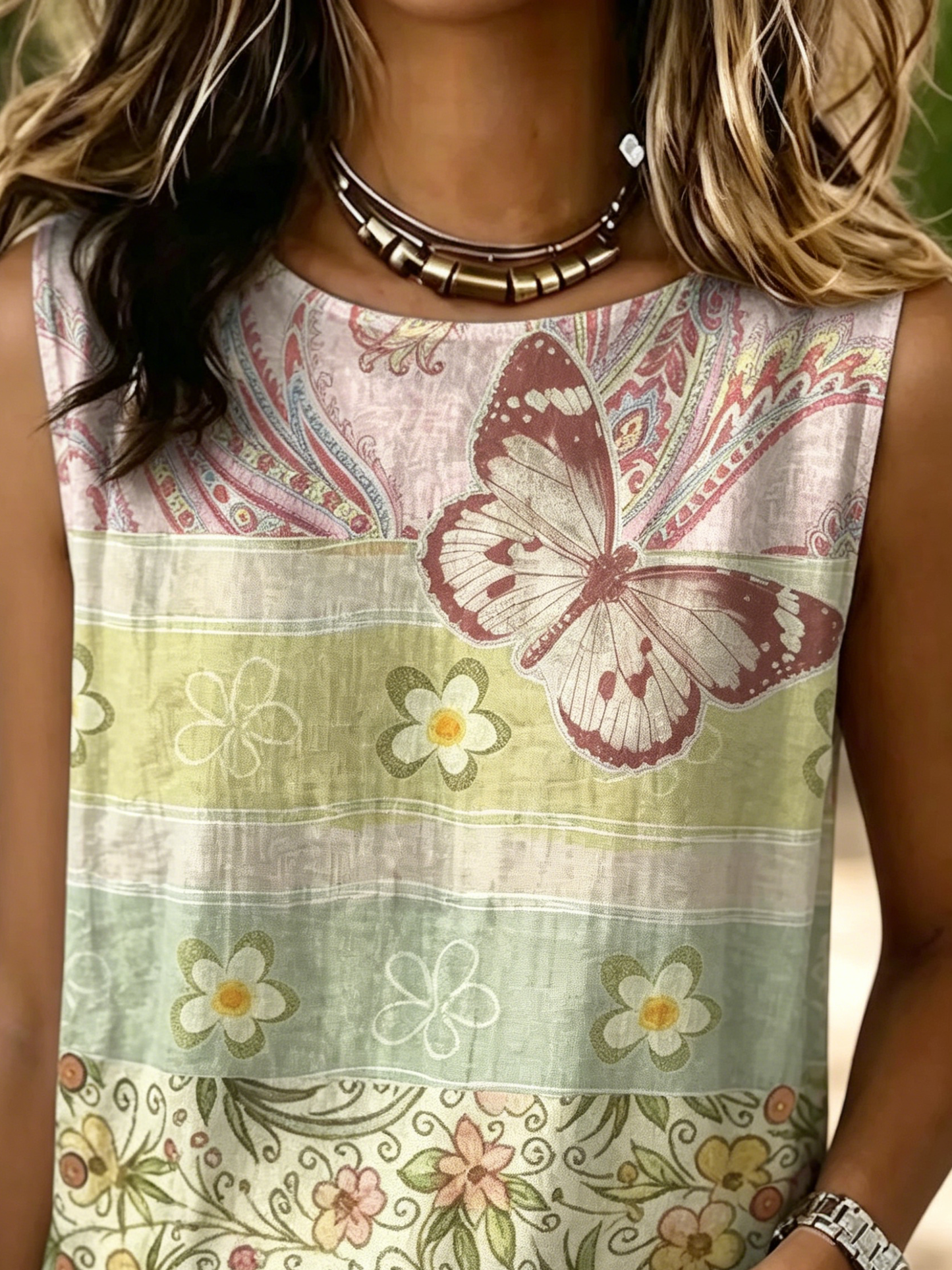 Ethnic Patchwork Flowers Butterfly Paisley Women's Casual Button-down Tank Top