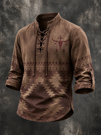 Men's Bull Skull Cross Feather Aztec Gradient Western Long Sleeve Top